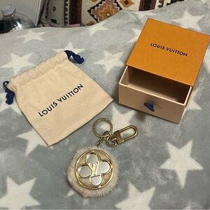 Louis Vuitton Port Cles Flower Finesse Fur Handbag Charm Gold Mirror Logo PomPom